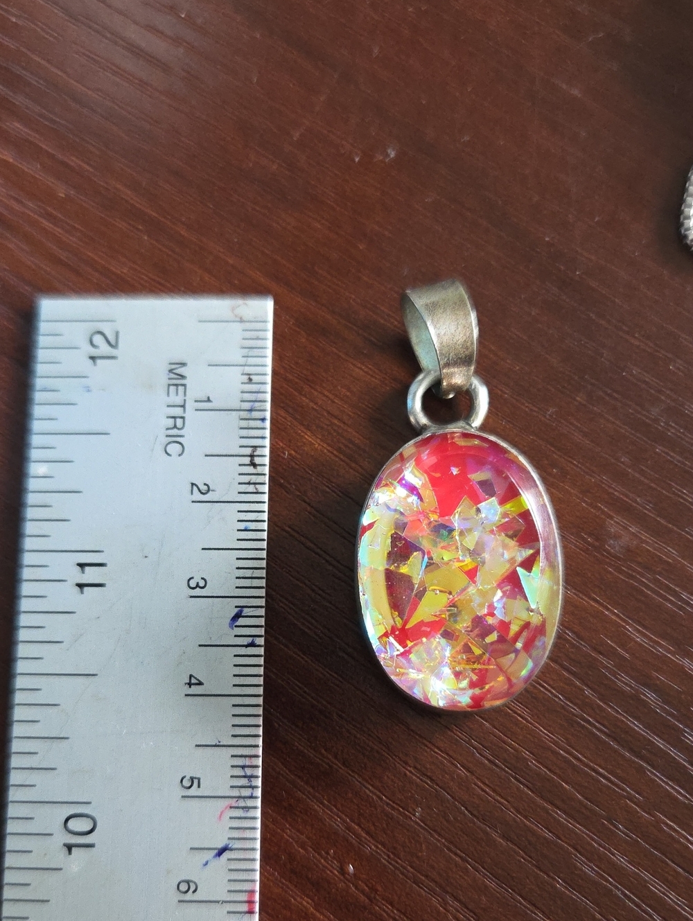 Dichroic Glass Red & Gold Oval 925 Silver Pendant Necklace Mexico